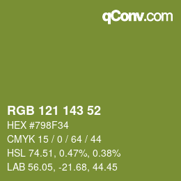 Color code: RGB 121 143 52 | qconv.com
