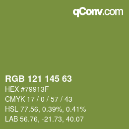 Color code: RGB 121 145 63 | qconv.com