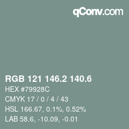 カラーコード: RGB 121 146.2 140.6 | qconv.com