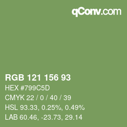 Color code: RGB 121 156 93 | qconv.com