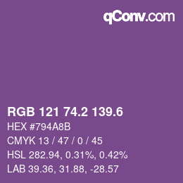 カラーコード: RGB 121 74.2 139.6 | qconv.com