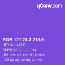 カラーコード: RGB 121 74.2 219.6 | qconv.com