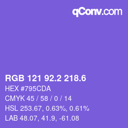 カラーコード: RGB 121 92.2 218.6 | qconv.com