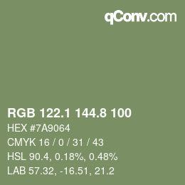 カラーコード: RGB 122.1 144.8 100 | qconv.com