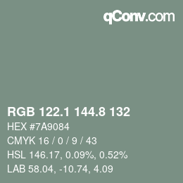カラーコード: RGB 122.1 144.8 132 | qconv.com
