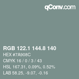 Color code: RGB 122.1 144.8 140 | qconv.com