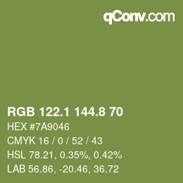 Color code: RGB 122.1 144.8 70 | qconv.com
