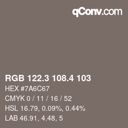 カラーコード: RGB 122.3 108.4 103 | qconv.com