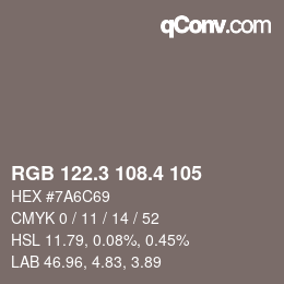 カラーコード: RGB 122.3 108.4 105 | qconv.com