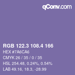 カラーコード: RGB 122.3 108.4 166 | qconv.com