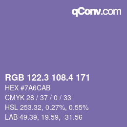 カラーコード: RGB 122.3 108.4 171 | qconv.com
