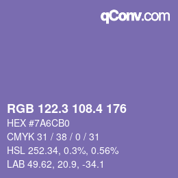 カラーコード: RGB 122.3 108.4 176 | qconv.com