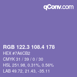 カラーコード: RGB 122.3 108.4 178 | qconv.com