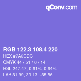 カラーコード: RGB 122.3 108.4 220 | qconv.com