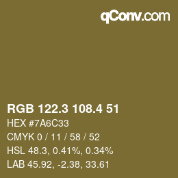 カラーコード: RGB 122.3 108.4 51 | qconv.com