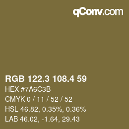 カラーコード: RGB 122.3 108.4 59 | qconv.com