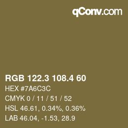 カラーコード: RGB 122.3 108.4 60 | qconv.com