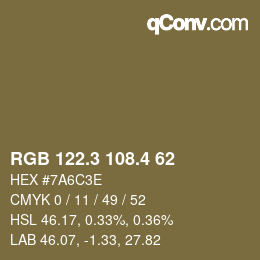 カラーコード: RGB 122.3 108.4 62 | qconv.com
