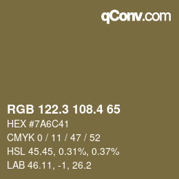 カラーコード: RGB 122.3 108.4 65 | qconv.com