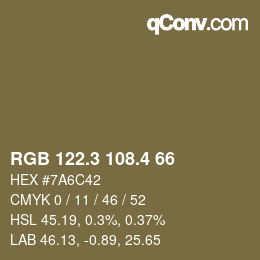 カラーコード: RGB 122.3 108.4 66 | qconv.com
