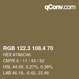 カラーコード: RGB 122.3 108.4 70 | qconv.com
