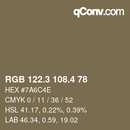 カラーコード: RGB 122.3 108.4 78 | qconv.com