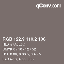 カラーコード: RGB 122.9 110.2 108 | qconv.com