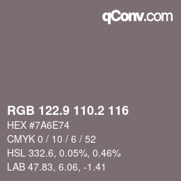 カラーコード: RGB 122.9 110.2 116 | qconv.com
