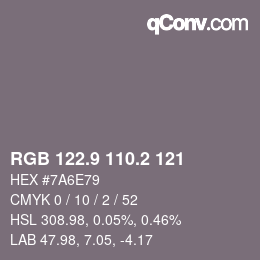 カラーコード: RGB 122.9 110.2 121 | qconv.com