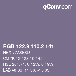 カラーコード: RGB 122.9 110.2 141 | qconv.com