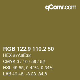 カラーコード: RGB 122.9 110.2 50 | qconv.com