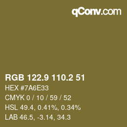 カラーコード: RGB 122.9 110.2 51 | qconv.com