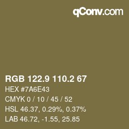 カラーコード: RGB 122.9 110.2 67 | qconv.com
