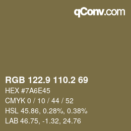 カラーコード: RGB 122.9 110.2 69 | qconv.com