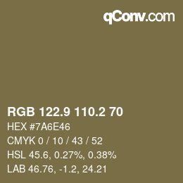 Color code: RGB 122.9 110.2 70 | qconv.com