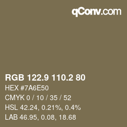 Color code: RGB 122.9 110.2 80 | qconv.com