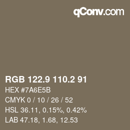 Color code: RGB 122.9 110.2 91 | qconv.com