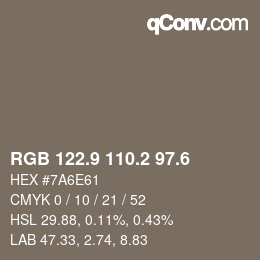 カラーコード: RGB 122.9 110.2 97.6 | qconv.com