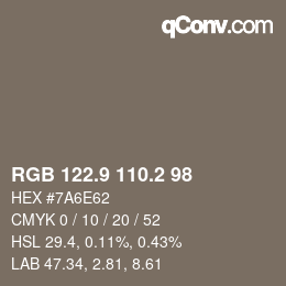 Color code: RGB 122.9 110.2 98 | qconv.com