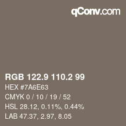 Color code: RGB 122.9 110.2 99 | qconv.com