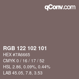 颜色代码: RGB 122 102 101 | qconv.com