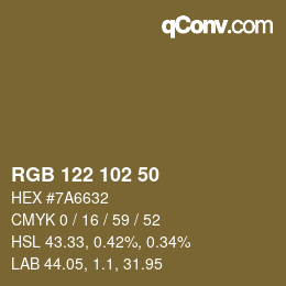 Color code: RGB 122 102 50 | qconv.com