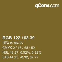 Color code: RGB 122 103 39 | qconv.com