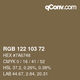 Color code: RGB 122 103 72 | qconv.com
