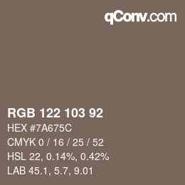Color code: RGB 122 103 92 | qconv.com