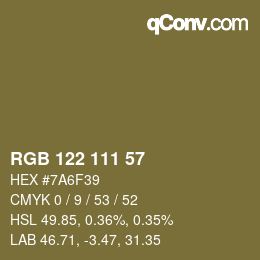 カラーコード: RGB 122 111 57 | qconv.com