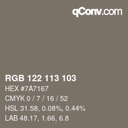 Color code: RGB 122 113 103 | qconv.com