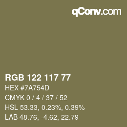 Color code: RGB 122 117 77 | qconv.com