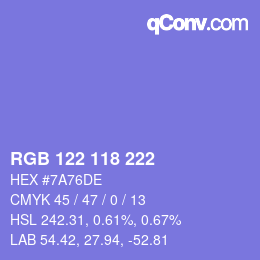 Color code: RGB 122 118 222 | qconv.com