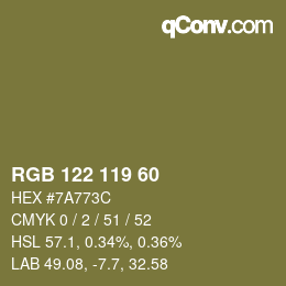 Color code: RGB 122 119 60 | qconv.com